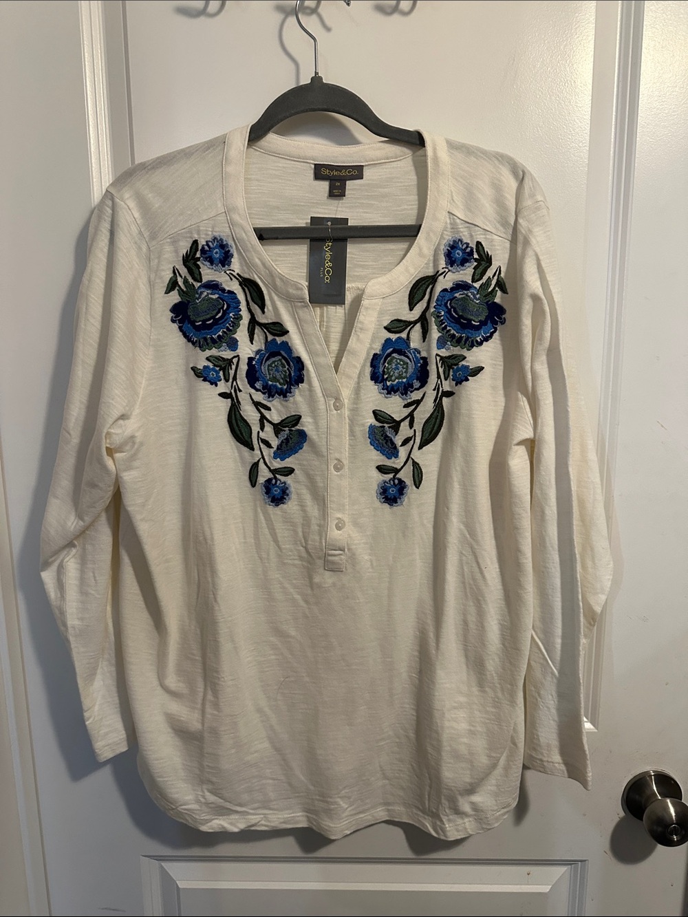Style & Co. White Long-Sleeve Henley with Blue Floral Embroidery